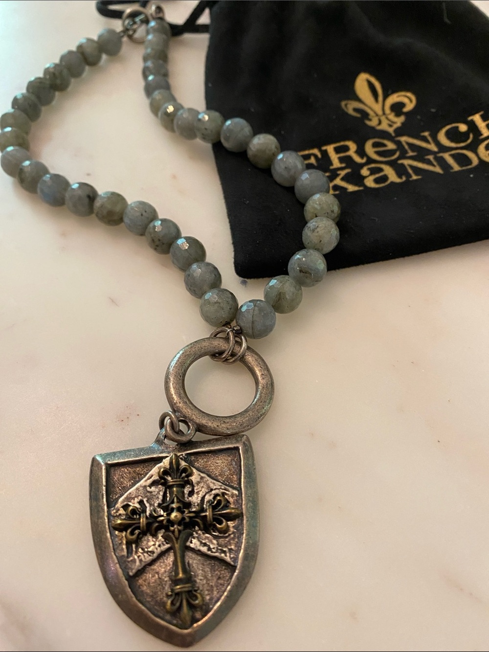 French Kande Gray Beaded Shield Pendant Necklace